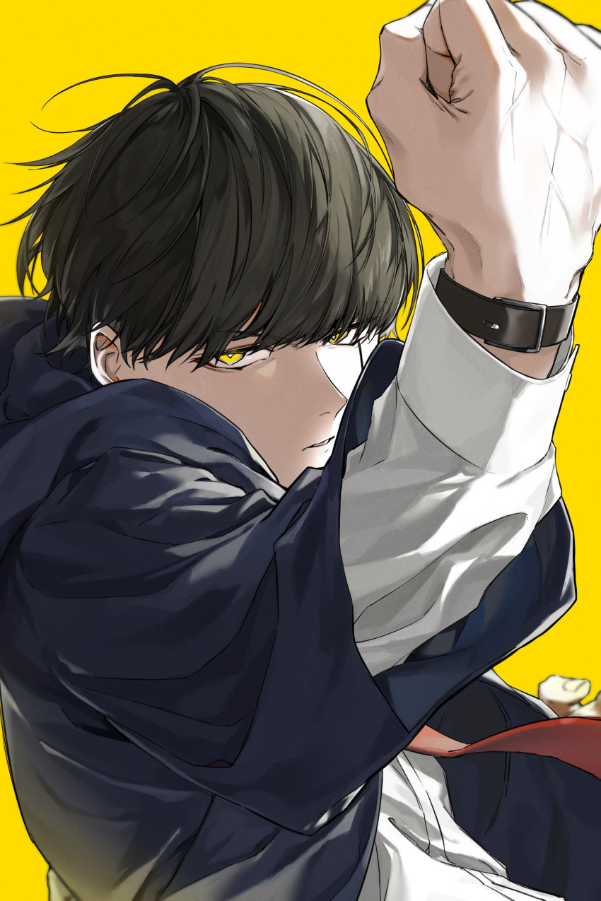 1boy, absurdres, black_hair, black_robe, clenched_hand, collared_shirt, facial_mark, highres, ka2radamonguy, long_sleeves, looking_at_viewer, mash_burnedead, mashle, necktie, parted_lips, red_necktie, robe, shirt, short_hair, solo, upper_body, white_shirt, yellow_background, yellow_eyes