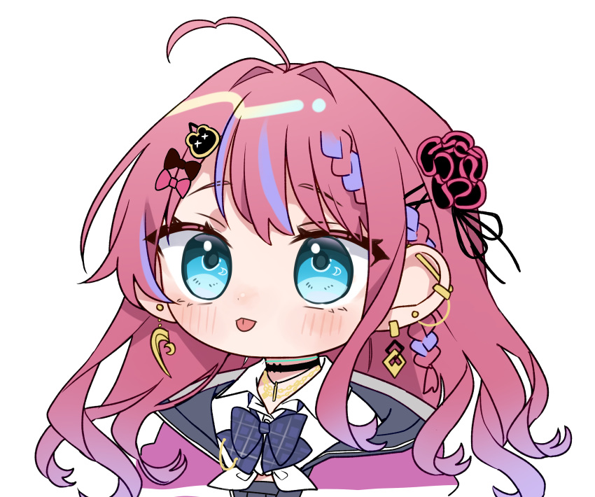 1girl, absurdres, ahoge, amesuku_gyaru, barbell_piercing, black_choker, blue_bow, blue_bowtie