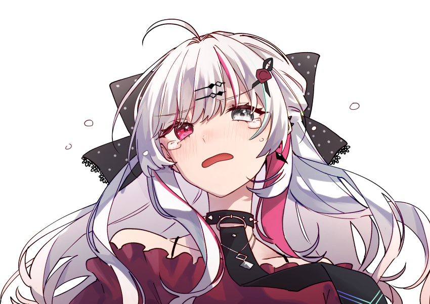 1girl, absurdres, ahoge, black_bow, black_choker, black_necktie, blush, bow