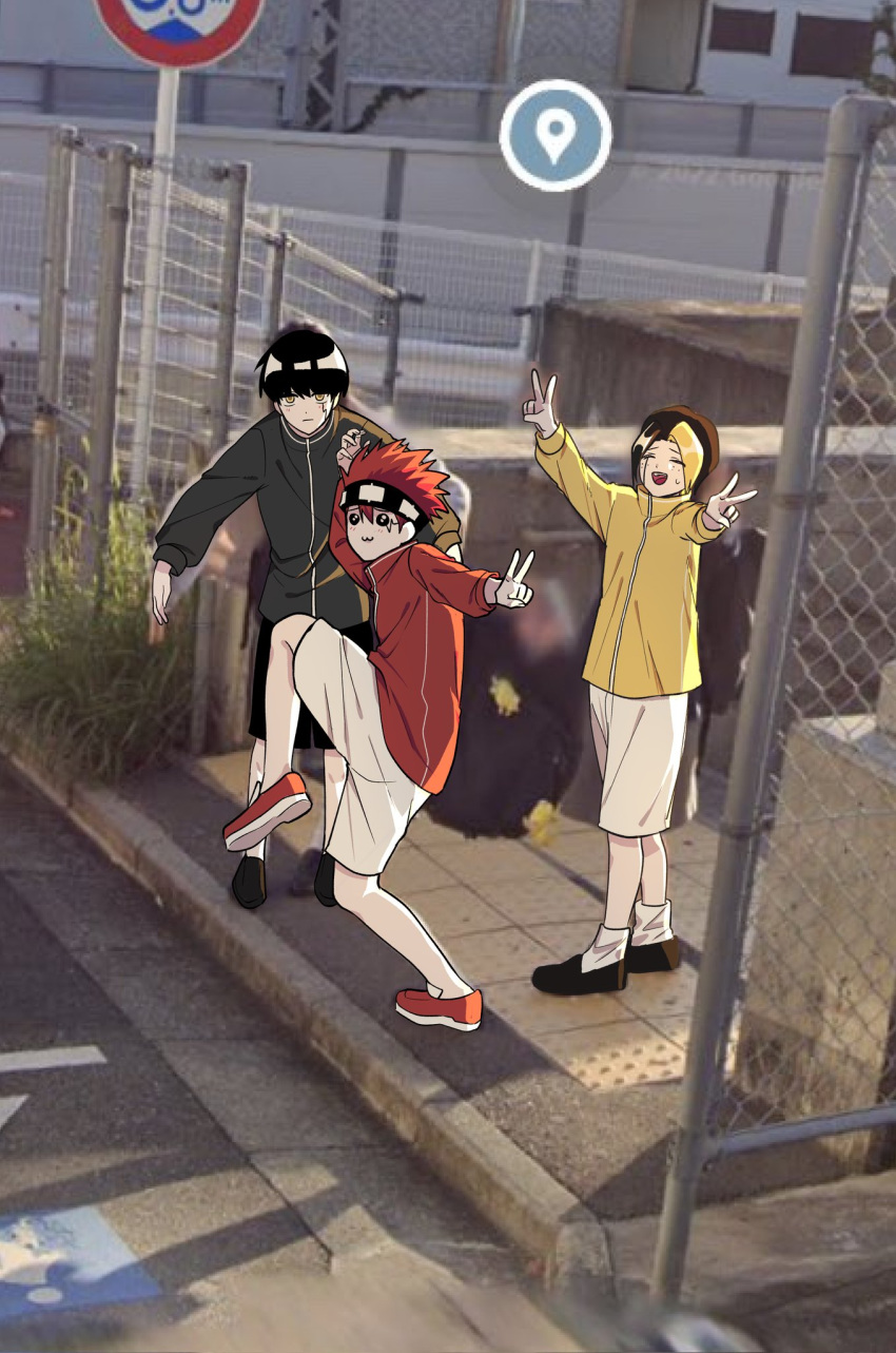 3boys, :3, black_footwear, black_hair, black_jacket, daut_barret, double_v, expressionless, facial_mark, finn_ames, headband, high_school_girls_posing_for_google_street_view_(meme), highres, jacket, lancedot0401, long_sleeves, mash_burnedead, mashle, meme, multiple_boys, open_mouth, pants, red_footwear, red_jacket, redhead, shoes, short_hair, smile, socks, spiky_hair, v, white_pants, white_socks, yellow_jacket