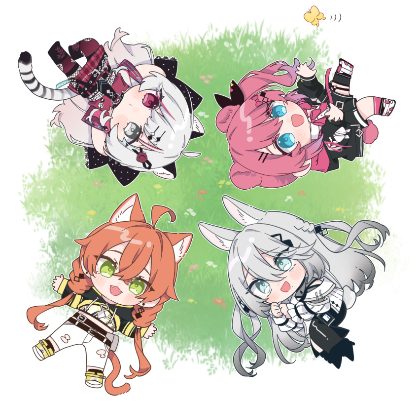 4girls, :d, absurdres, ahoge, animal_ears, asymmetrical_legwear, bear_ears, bear_girl
