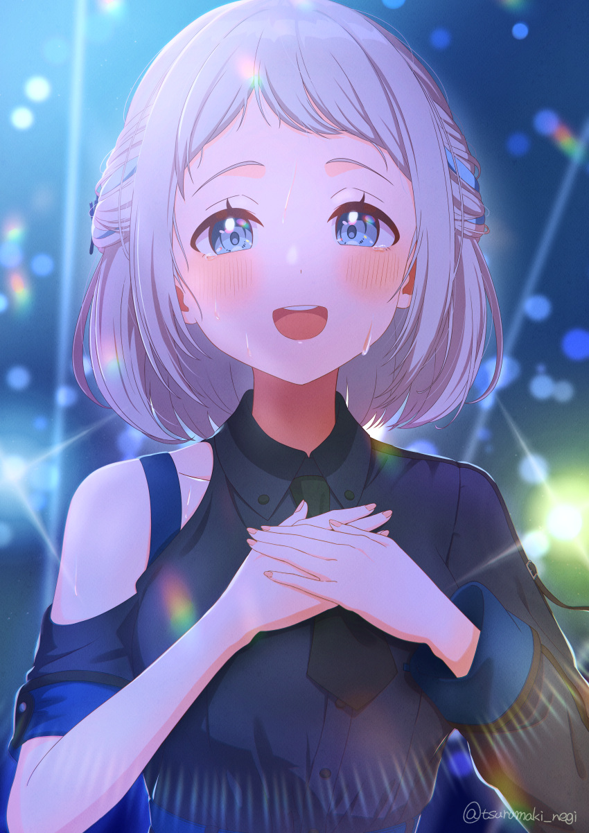 1girl, absurdres, asymmetrical_sleeves, black_necktie, black_shirt, blue_eyes, blue_ribbon, blush