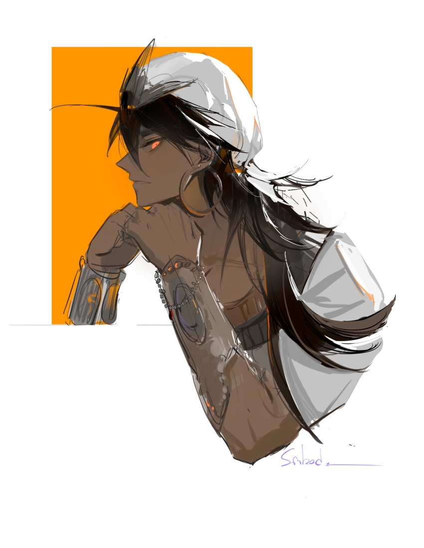 1boy, black_hair, bracer, dark-skinned_male, dark_skin, earrings, hat_ornament, highres, hoop_earrings, jewelry, kuoyue480, long_hair, looking_at_viewer, magi_the_labyrinth_of_magic, male_focus, orange_background, orange_eyes, profile, purple_hair, robe, simple_background, sinbad_(magi), solo, turban, white_background, white_robe