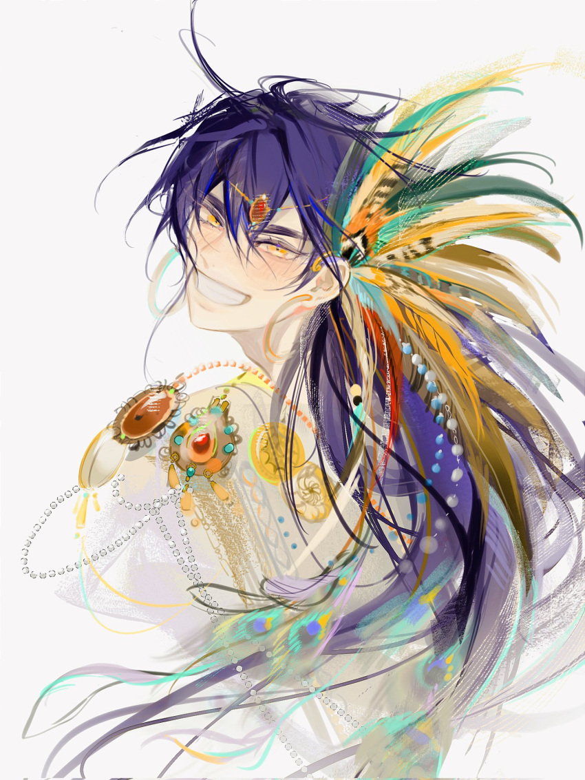 1boy, blush, circlet, earrings, feather_hair_ornament, feathers, grin, hair_ornament, happy, highres, hoop_earrings, jewelry, kuoyue480, long_hair, looking_at_viewer, looking_back, magi_the_labyrinth_of_magic, male_focus, necklace, purple_hair, simple_background, sinbad_(magi), smile, solo, white_background, yellow_eyes