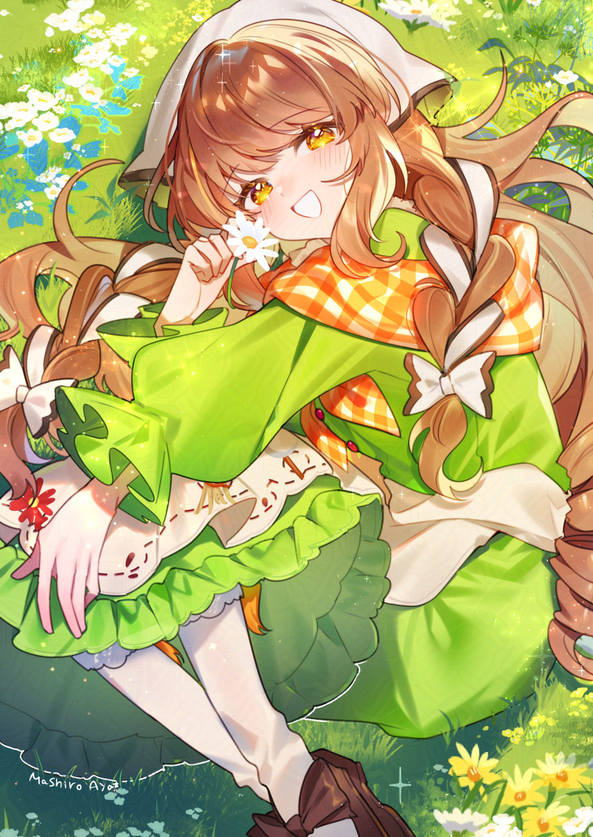 1girl, :d, absurdres, apron, artist_name, aya_(aya_op10s), brown_footwear, brown_hair