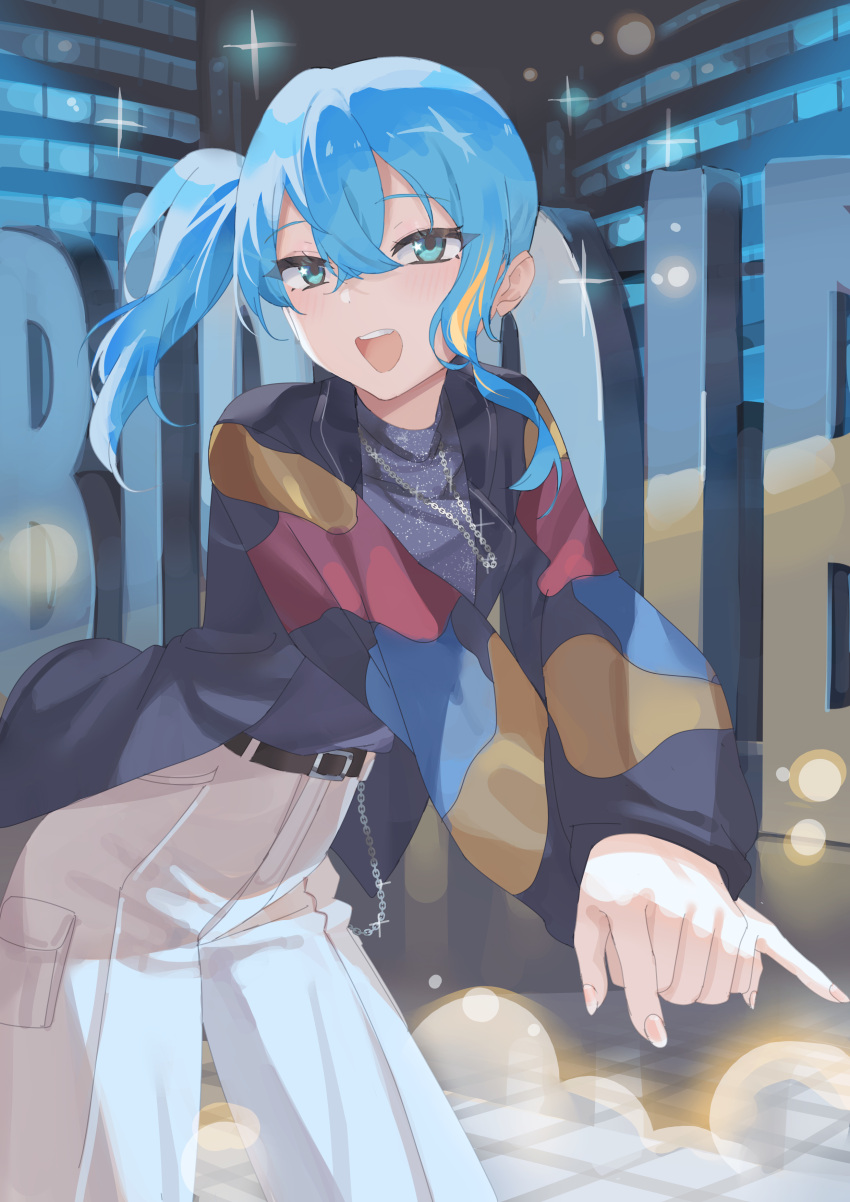 1girl, absurdres, belt, bibideba_(hololive), black_belt, blue_eyes, blue_hair, highres, hololive, hoshimachi_suisei, index_finger_raised, jacket, jewelry, mahou_io, necklace, open_mouth, pants, side_ponytail, solo, virtual_youtuber, wallet_chain, white_pants