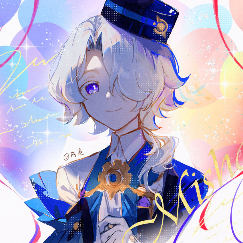 1boy, blue_hair, brooch, c_ixxp, collared_shirt, gloves, hair_over_one_eye, hat, highres, honkai:_star_rail, honkai_(series), jewelry, male_focus, mily_(cixxppcmhr8k5cw), misha_(honkai:_star_rail), ponytail, shirt, short_hair, smile, solo, upper_body, violet_eyes, white_gloves, white_shirt