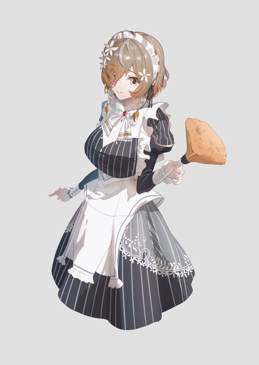 1girl, absurdres, breasts, brown_hair, duster, flower, grey_background, hair_flower
