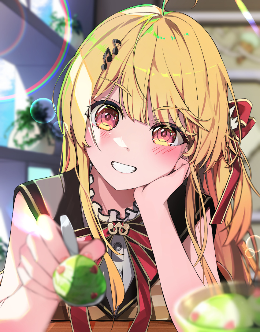 1girl, absurdres, ahoge, blonde_hair, blush, brown_dress, dress, food