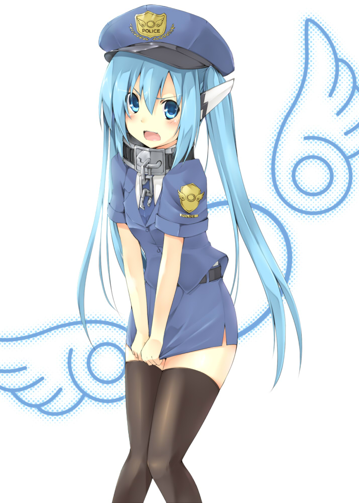 blue_hair, blush, chain, collar, cosplay, embarrassed, flat_chest, indigorabbit