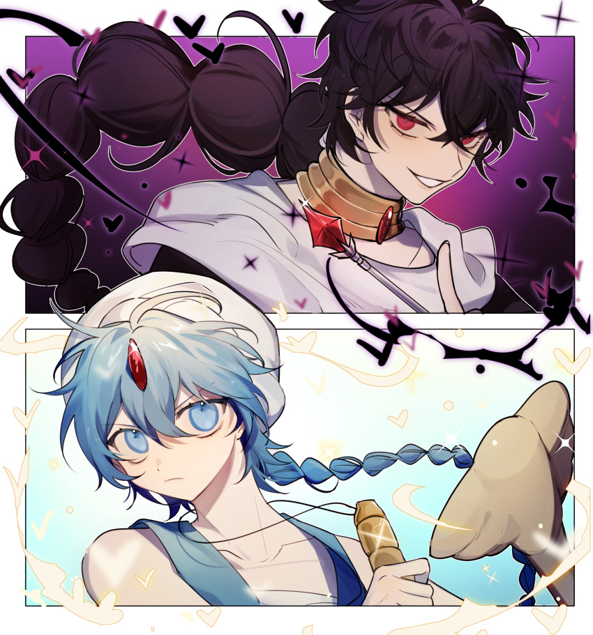 2boys, aladdin_(magi), black_hair, black_rukh_(magi), blue_eyes, blue_hair, border, braid, flute, forehead_jewel, highres, holding, holding_wand, instrument, jewelry, judal, long_hair, magi_the_labyrinth_of_magic, male_focus, multiple_boys, neck_ring, red_eyes, rukh_(magi), single_braid, smile, turban, wand, white_border, youuji