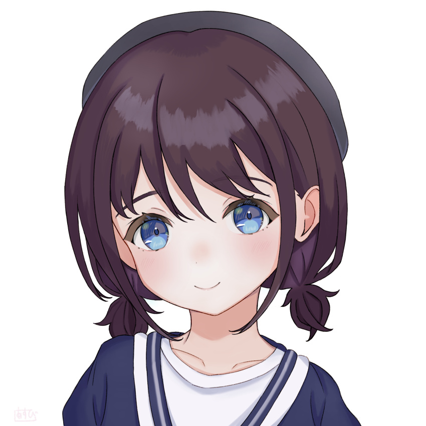 1girl, absurdres, black_beret, blue_eyes, brown_hair, collarbone, commentary, girls_band_cry