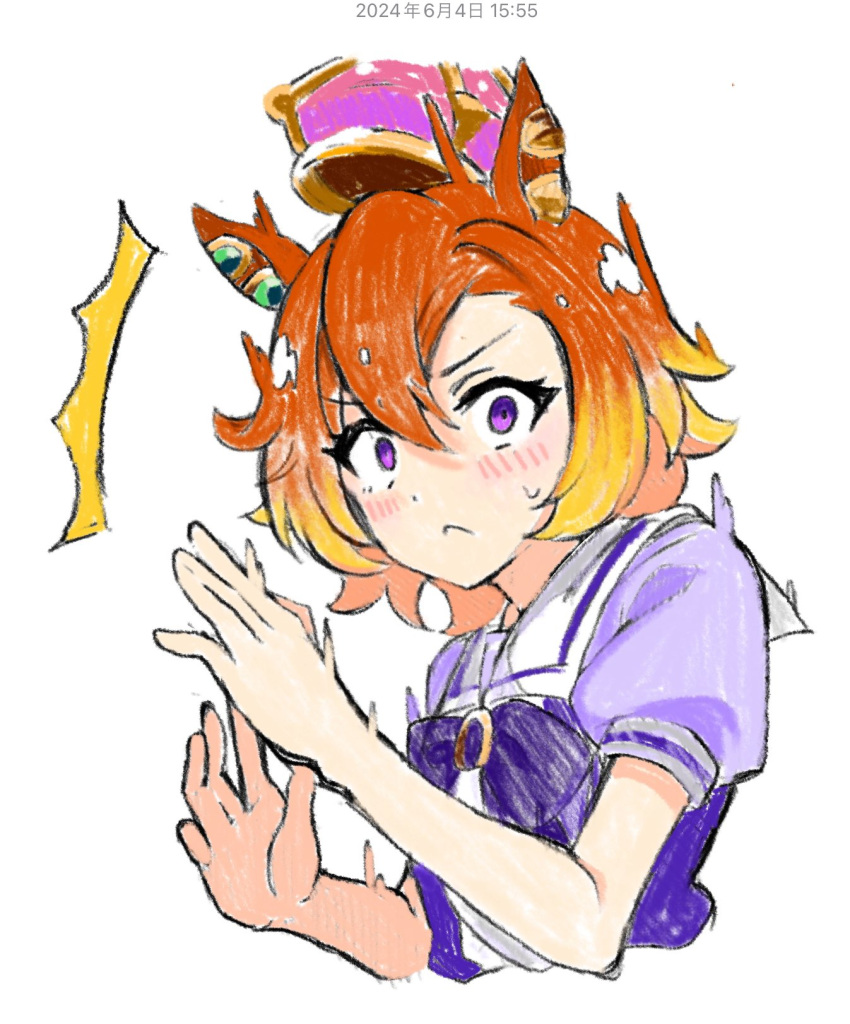 1girl, animal_ears, blush, crown, highres, horse_ears, horse_girl, looking_at_viewer, mochiyukimi21, orange_hair, puffy_short_sleeves, puffy_sleeves, school_uniform, short_hair, short_sleeves, simple_background, solo, surprised, t.m._opera_o_(umamusume), tracen_school_uniform, umamusume, upper_body, violet_eyes, white_background