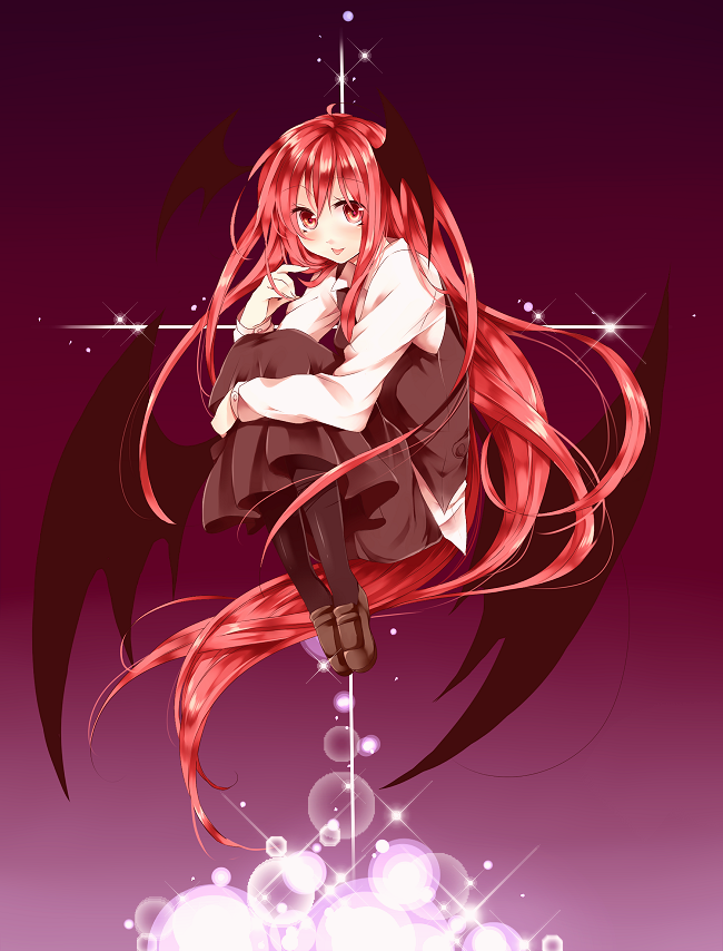 blush, head_wings, koakuma, long_hair, pantyhose, red_eyes, red_hair, redhead, solo, suisyounohosizora, touhou, very_long_hair, wings