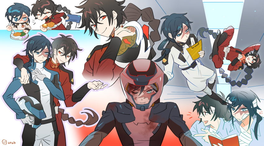 2boys, absurdres, bandage_on_face, bandaged_head, bandages, black_hair, blue_eyes, blue_hair