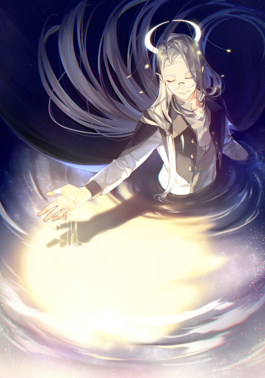 1boy, absurdres, black_cape, byakuya0315, cape, cape_clasp, closed_eyes, closed_mouth