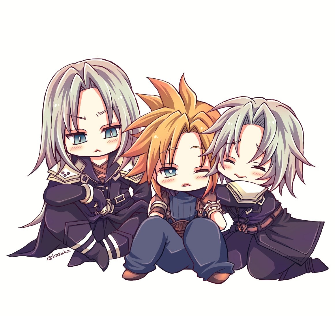 3boys, aged_down, armor, arms_around_neck, artist_name, belt, black_belt, black_coat, black_footwear, black_gloves, black_pants, blonde_hair, blue_eyes, blue_pants, blue_sweater, blush, boots, bracer, bright_pupils, brown_footwear, brown_gloves, chest_strap, chibi, closed_eyes, cloud_strife, coat, commentary, crossed_legs, elbow_rest, final_fantasy, final_fantasy_vii, final_fantasy_vii_ever_crisis, final_fantasy_vii_remake, full_body, furrowed_brow, gloves, hands_up, happy, hug, kazuha61, knee_boots, kneeling, knees_up, long_coat, long_hair, long_sleeves, male_focus, multiple_belts, multiple_boys, one_eye_closed, open_mouth, pants, parted_bangs, pauldrons, sephiroth, short_hair, shoulder_armor, simple_background, sitting, sleeveless, sleeveless_sweater, sleeveless_turtleneck, slit_pupils, smile, spiky_hair, surprised, sweater, time_paradox, turtleneck, turtleneck_sweater, white_background