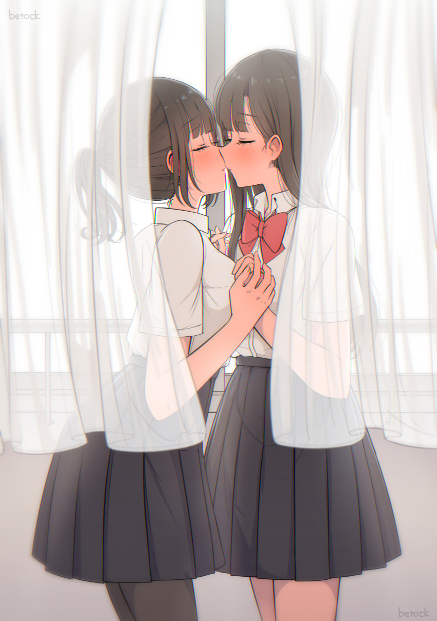 2girls, absurdres, behind_curtains, betock, black_hair, black_pantyhose, black_skirt, blush