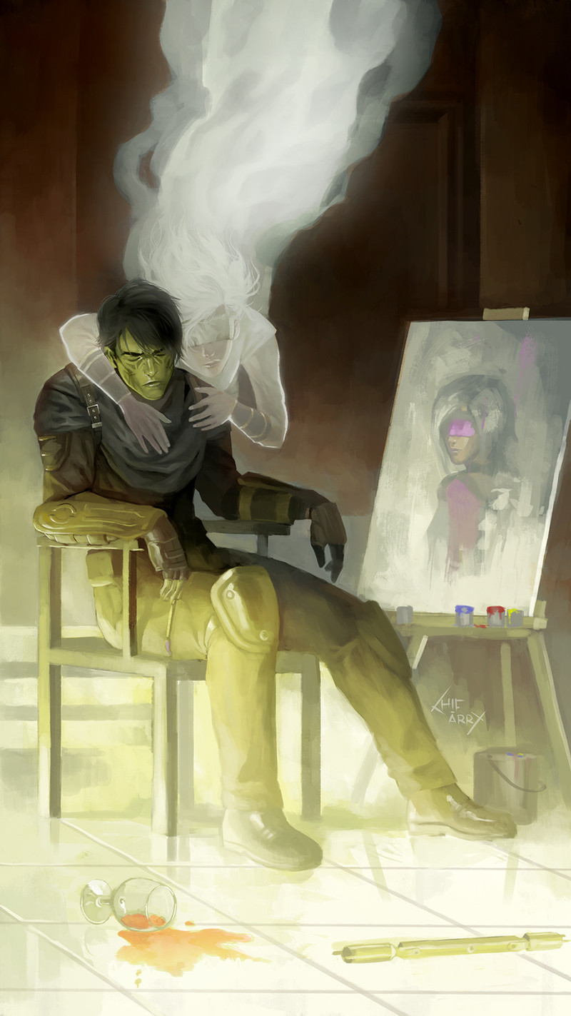 1boy, 1girl, alien, artist_name, black_footwear, black_hair, black_shirt, closed_eyes