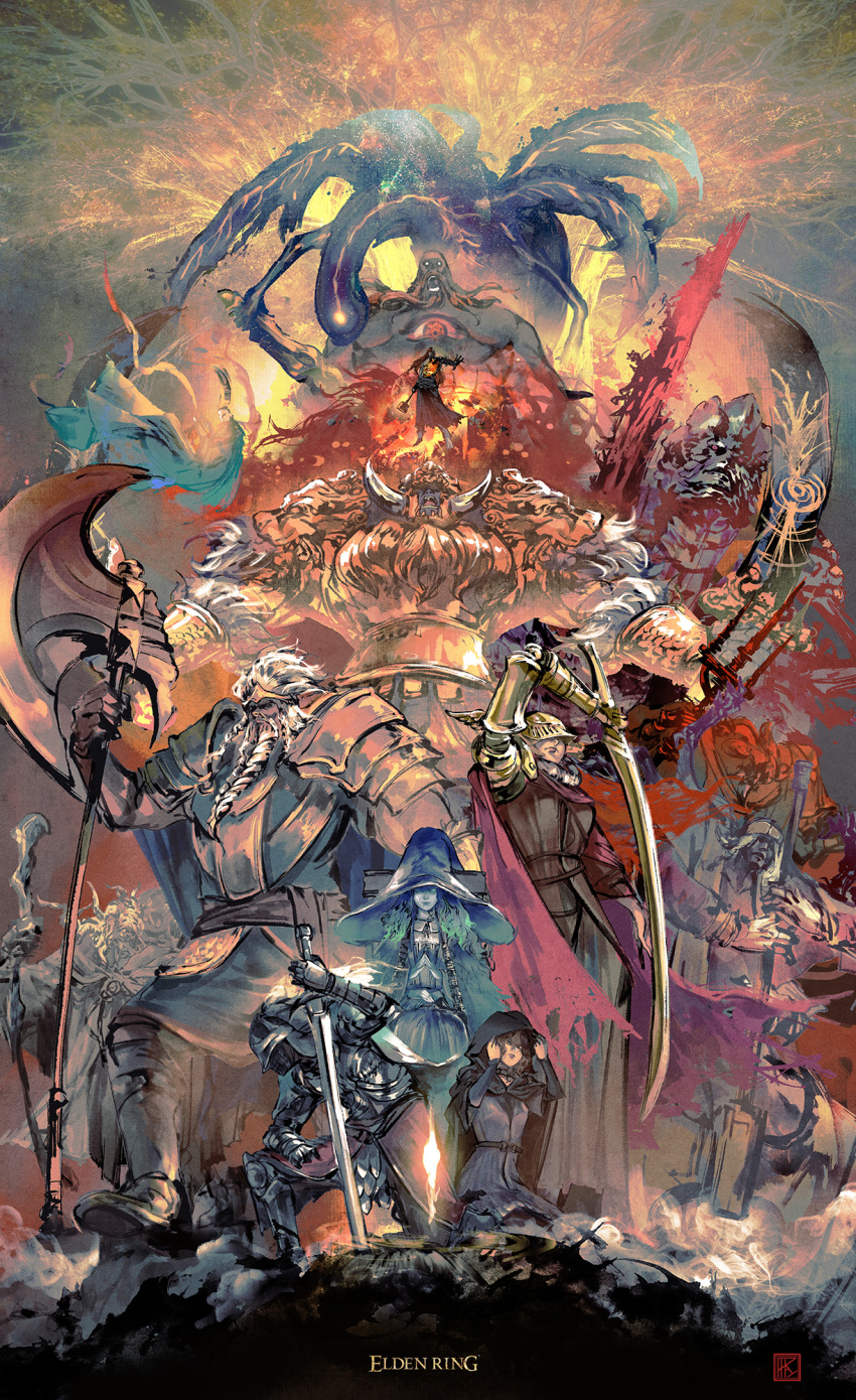 4girls, 6+boys, amber_(gemstone), amputee, armor, armored_boots, asymmetrical_horns, axe, bare_shoulders, battle_axe, beard, black_cloak, black_sarong, blasphemous_blade, blonde_hair, bloody_wolf_(elden_ring), blue_eyes, blue_robe, blue_skin, boots, braid, braided_beard, breastplate, broken, broken_weapon, brother_and_sister, brothers, brown_cloak, brown_robe, cape, cloak, closed_mouth, colored_skin, commentary, conical_hat, covered_eyes, cracked_skin, crown, divine_entity, double-sided_axe, dual_wielding, egg, elden_beast, elden_ring, erdtree_(elden_ring), extra_arms, extra_noses, facial_hair, facial_tattoo, fake_horns, father_and_daughter, father_and_son, faulds, fire_giant_(elden_ring), full_armor, fur_cape, fur_cloak, fur_trim, gauntlets, gem, giant, giant_male, giant_monster, glowing, glowing_eye, glowing_eyes, glowing_tattoo, godfrey_first_elden_lord, godrick_the_grafted, gold_armor, gold_aura, golden_sword, greatsword, half-brothers, half-siblings, half-sisters, hammer, hat, helm, helmet, helmet_over_eyes, highres, holding, holding_axe, holding_egg, holding_hammer, holding_sword, holding_trident, holding_weapon, hood, hooded_cloak, horned_helmet, horns, jeweled_hat, jewelry, king, knight, large_hat, long_beard, long_hair, looking_at_viewer, malenia_blade_of_miquella, margit_the_fell_omen, medium_hair, melina_(elden_ring), mismatched_horns, missing_eye, mohg_lord_of_blood, monster, morgott_the_omen_king, mother_and_daughter, mother_and_son, multiple_boys, multiple_girls, multiple_horns, one-eyed, one_eye_closed, open_mouth, ornate, ornate_armor, ornate_clothes, paparaya, pauldrons, pointy_hat, polearm, prosthesis, prosthetic_arm, prosthetic_leg, queen, radagon_of_the_golden_order, rag, ranni_the_witch, red_cape, red_eyes, redhead, removing_hood, rennala_queen_of_the_full_moon, robe, rykard_lord_of_blasphemy, sarong, sharp_teeth, short_hair, shoulder_armor, siblings, site_of_grace, snake, starscourge_radahn, step-brother_and_step-sister, step-siblings, step-sisters, stole, sword, tall_hat, tarnished_(elden_ring), tattoo, teeth, thick_beard, topless_male, trident, triple_amputee, twin_blades, two-handed_sword, uneven_horns, vambraces, weapon, white_hair, winged_helmet, witch, witch_hat, wizard_hat