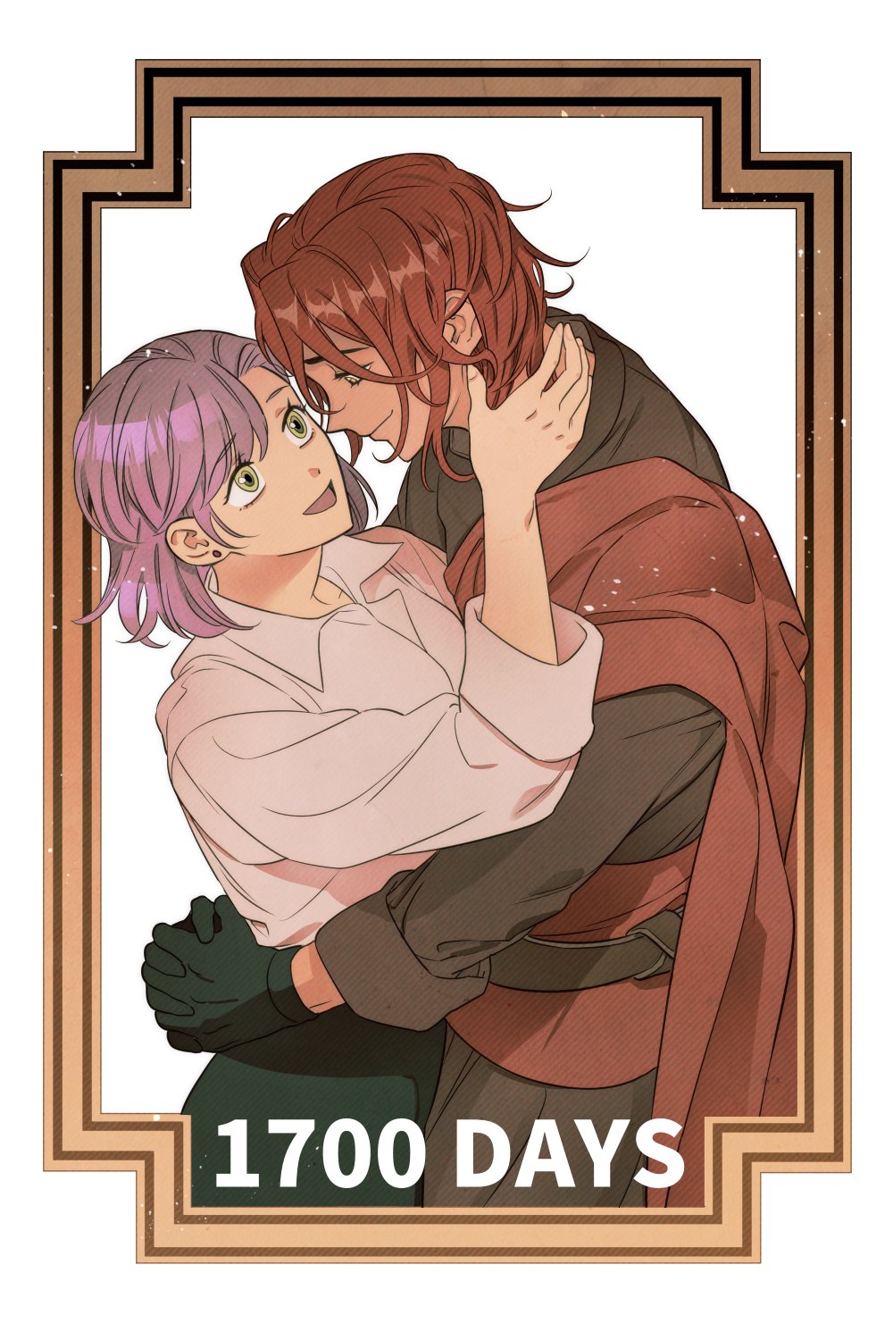 1boy, 1girl, 5altybitter5, arms_around_waist, black_gloves, brown_shirt, cape, closed_mouth