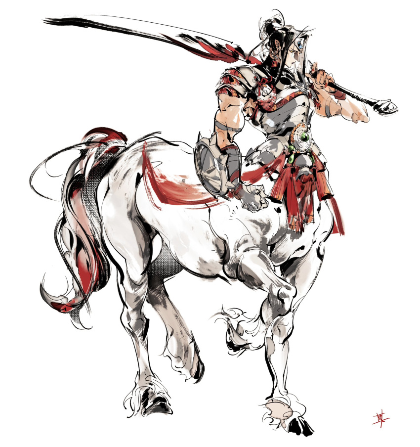 1girl, armlet, armor, buckle, centaur, circle, earrings, ebi_draw