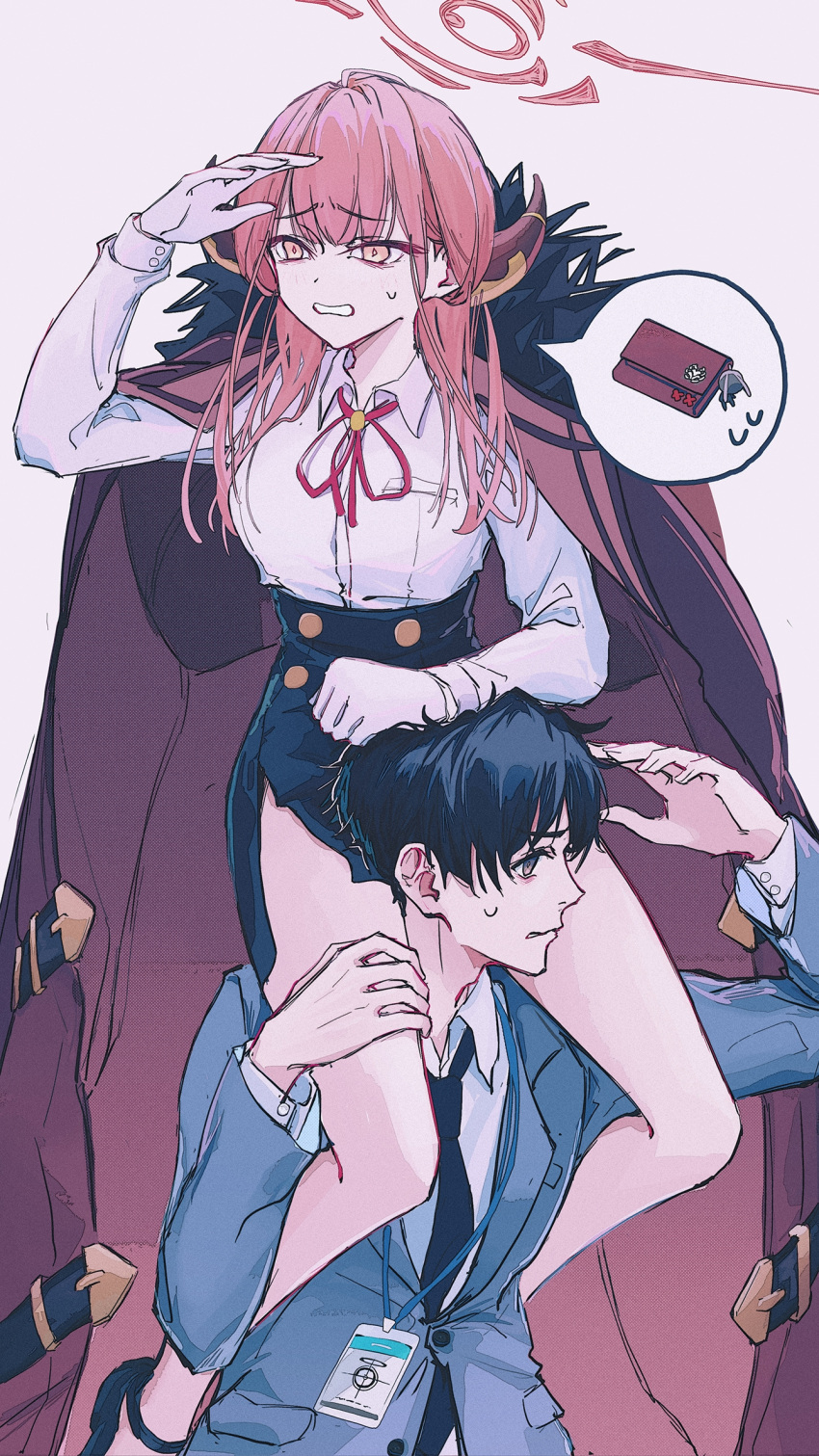 1boy, 1girl, aru_(blue_archive), black_eyes, black_hair, black_necktie, black_skirt, blue_archive