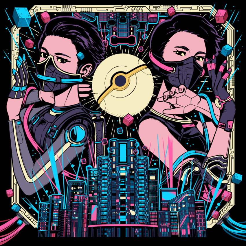 2boys, black_eyes, black_hair, black_mask, bodysuit, building, cable, city, cube, eyelashes, fingernails, gloves, glowing, looking_at_viewer, male_focus, mask, mouth_mask, multiple_boys, original, science_fiction, short_hair, single_glove, skyscraper, yukkedondon