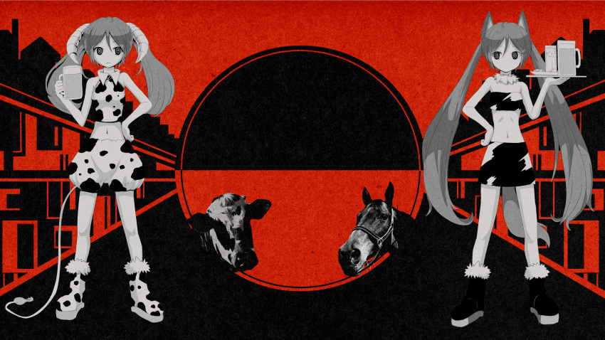 2girls, animal_ears, animal_print, asymmetry, bare_arms, closed_eyes, cow, cow_print