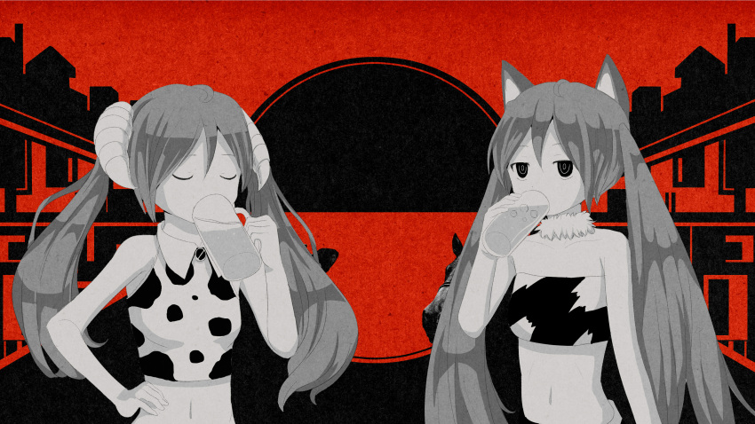 2girls, animal_ears, animal_print, asymmetry, bare_arms, closed_eyes, cow, cow_print