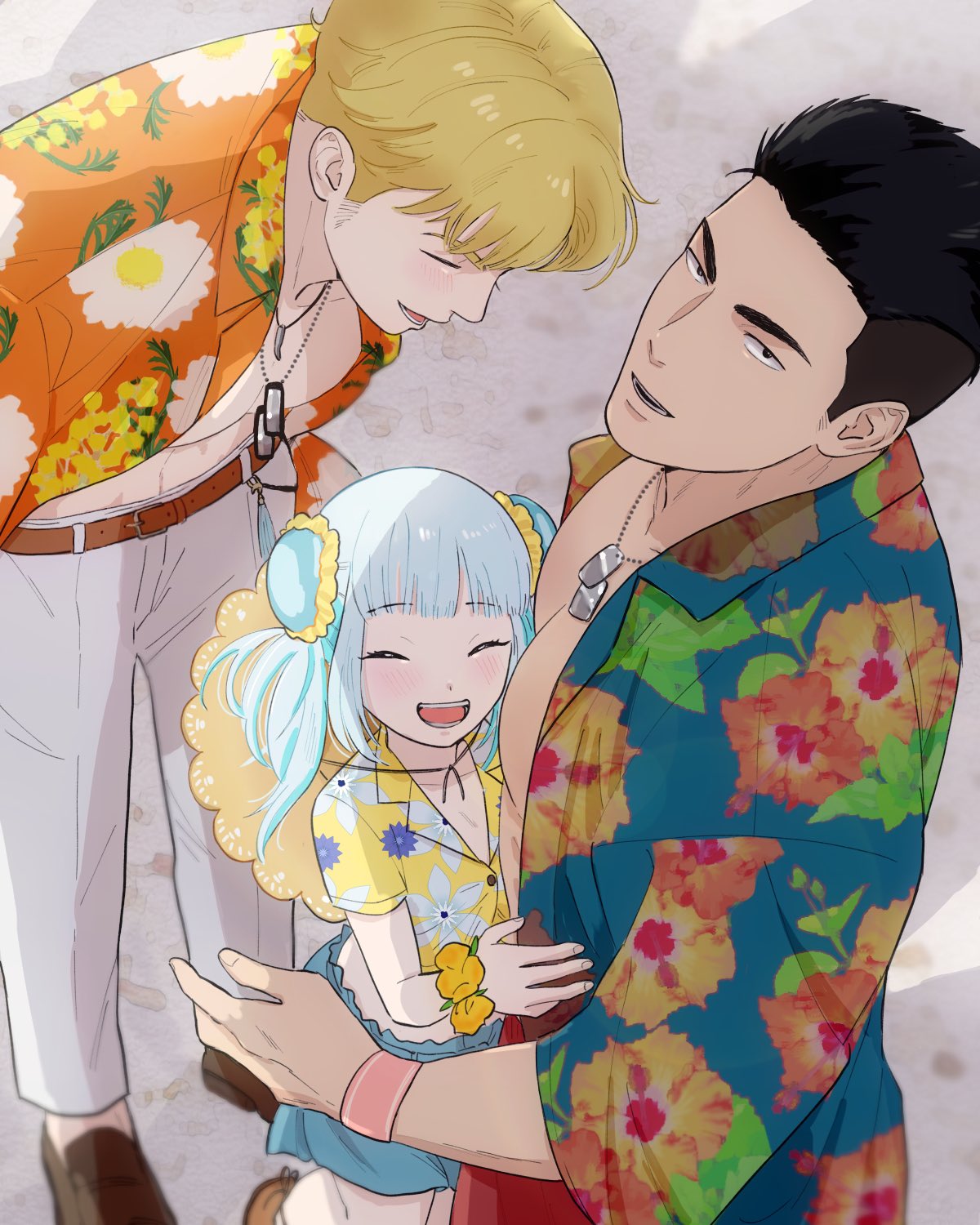 1girl, 2boys, 2g_(gutsugutsukuma), ao_isami, bare_pectorals, black_hair, blonde_hair, blush