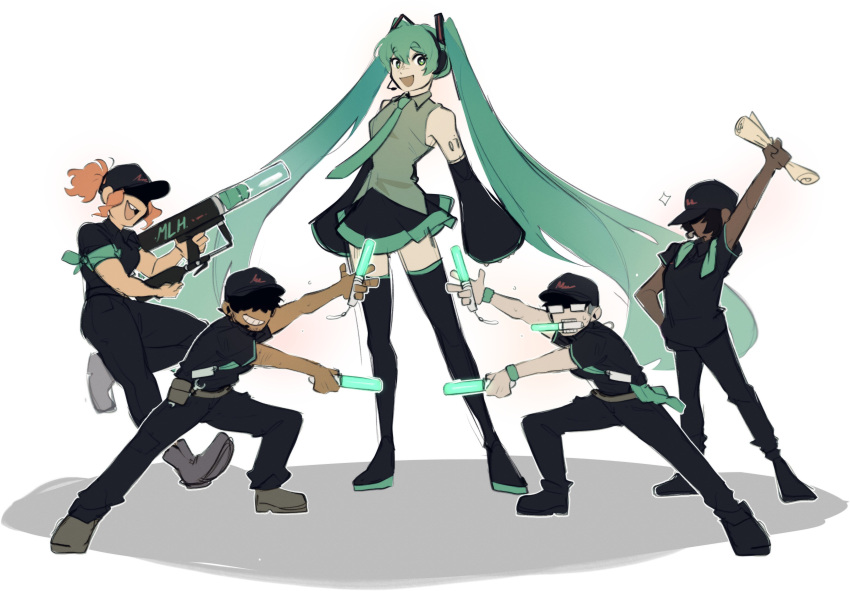 2girls, 3boys, absurdres, aqua_eyes, aqua_hair, aqua_necktie, baseball_cap, black_baseball_cap