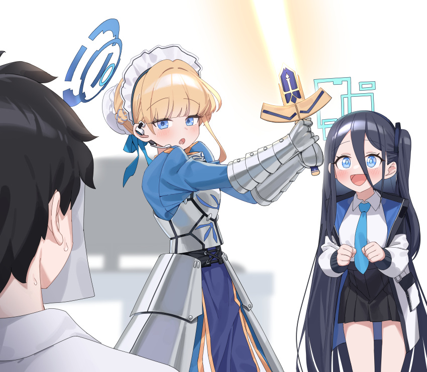 1boy, 2girls, absurdly_long_hair, absurdres, aris_(blue_archive), black_hair, black_hairband, black_skirt