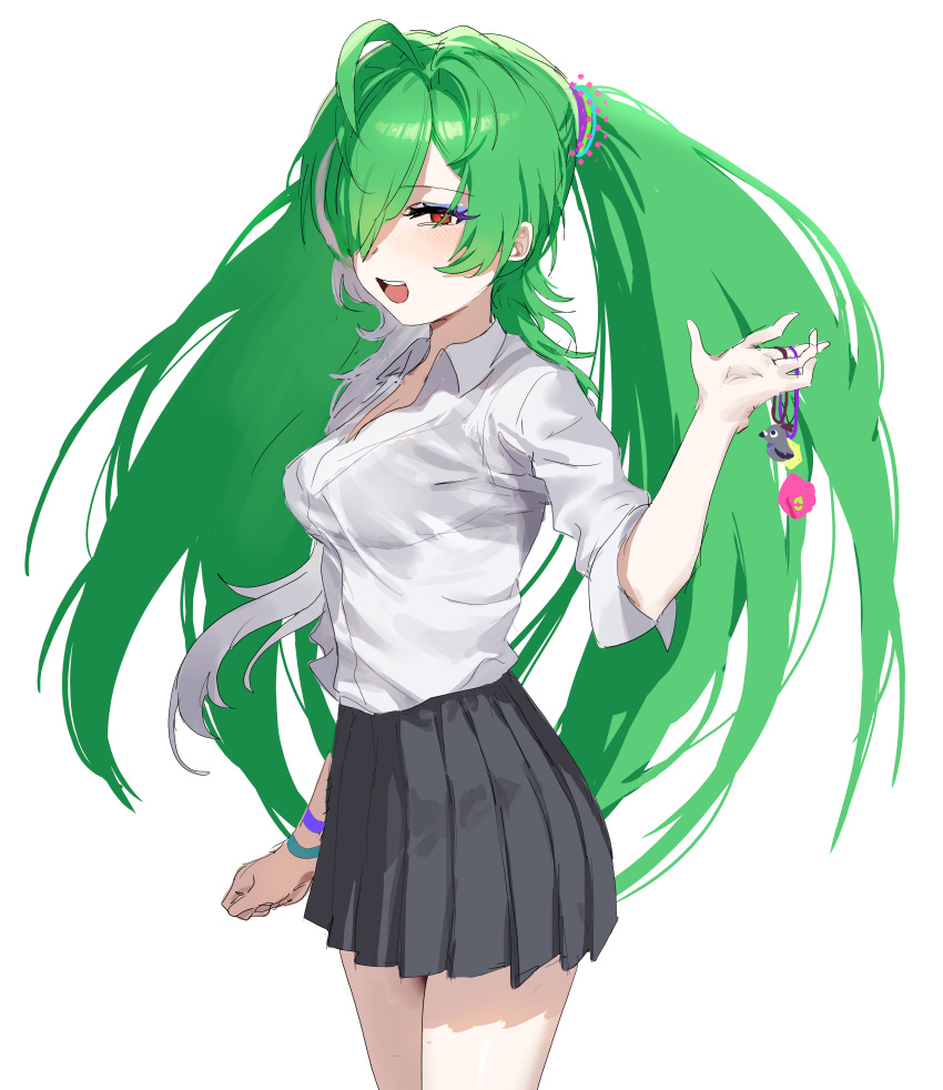 1girl, absurdres, alternate_costume, black_skirt, breasts, cowboy_shot, girls'_frontline_neural_cloud, green_eyes, hair_ornament, hair_over_one_eye, highres, multicolored_hair, open_mouth, pleated_skirt, red_eyes, ribu_(rv), shirt, skirt, streaked_hair, twintails, white_shirt, zangyin_(neural_cloud)