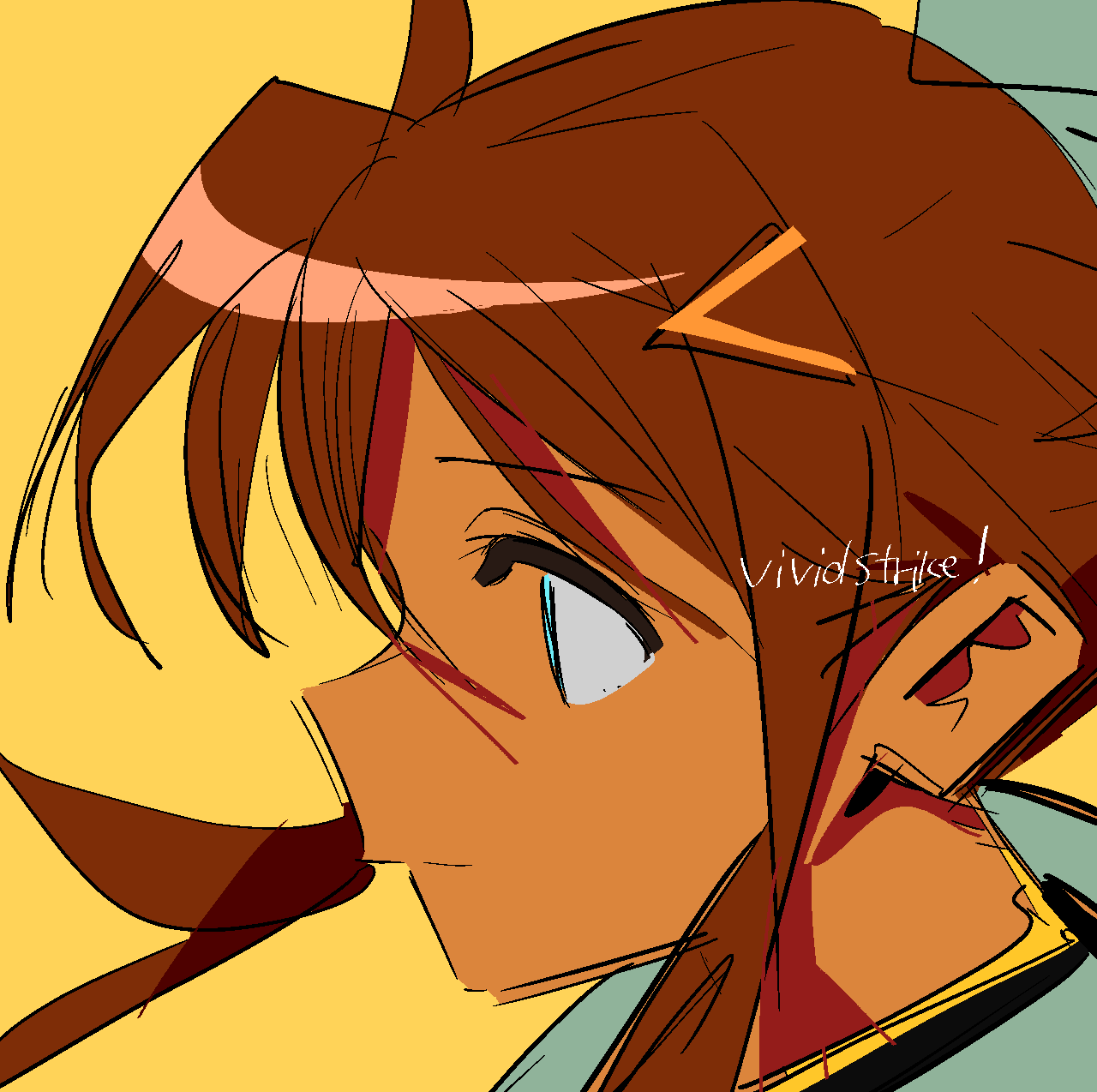 1girl, bad_id, bad_twitter_id, blue_eyes, brown_hair, closed_mouth, commentary_request, copyright_name, dark-skinned_female, dark_skin, from_side, fuka_reventon, hair_ornament, highres, kerorira, long_hair, lyrical_nanoha, portrait, profile, solo, vivid_strike!, yellow_background