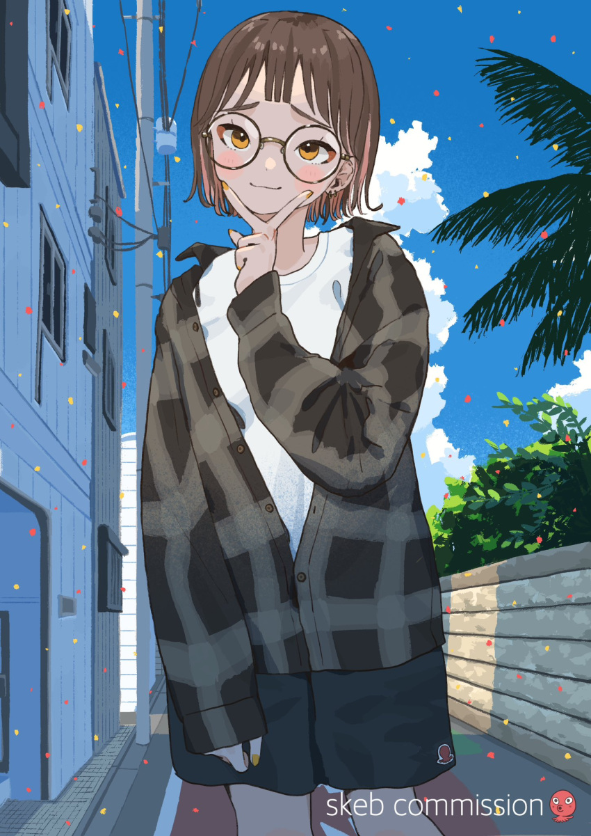 1girl, black_hair, black_shirt, black_skirt, blue_sky, blush, building, buttons