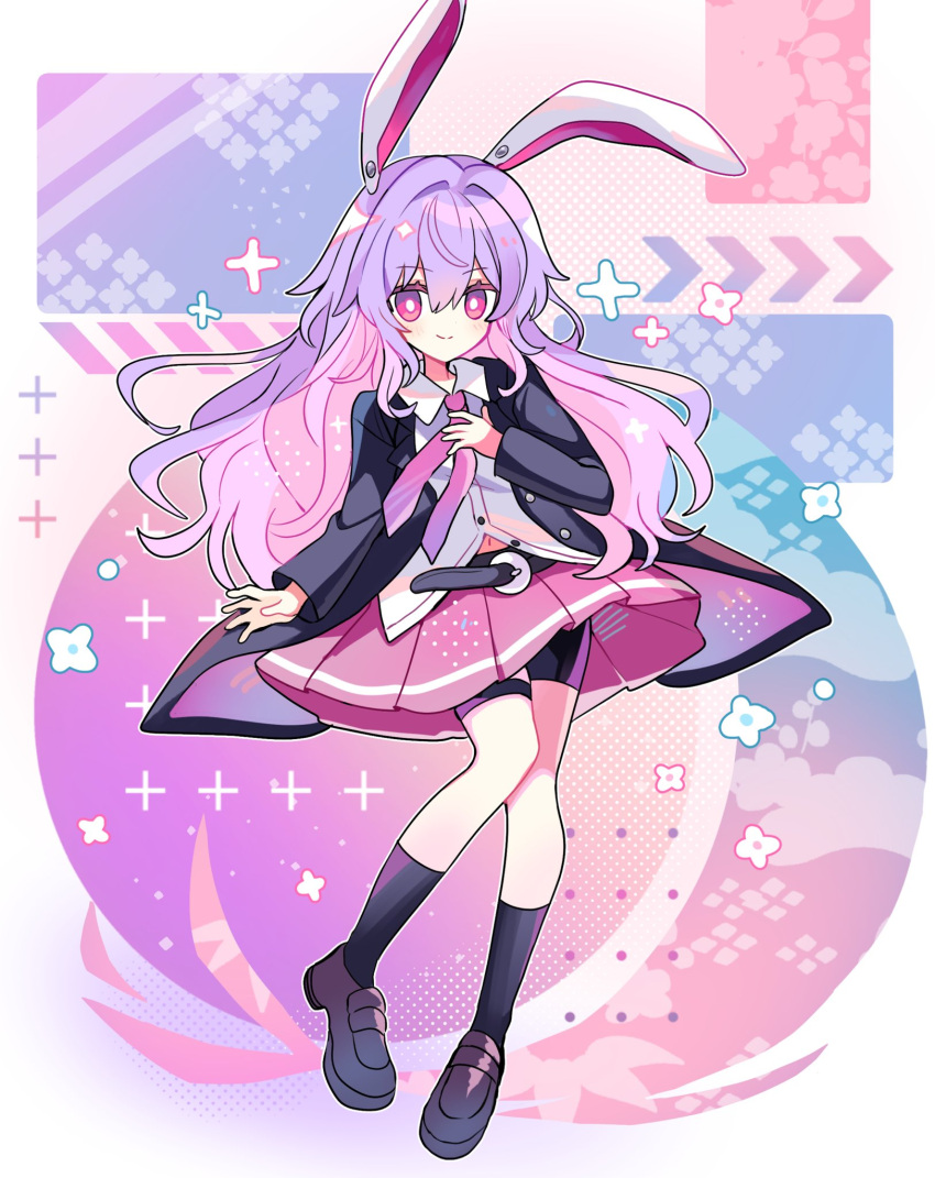 1girl, animal_ears, black_footwear, black_jacket, black_socks, collared_shirt, full_body, highres