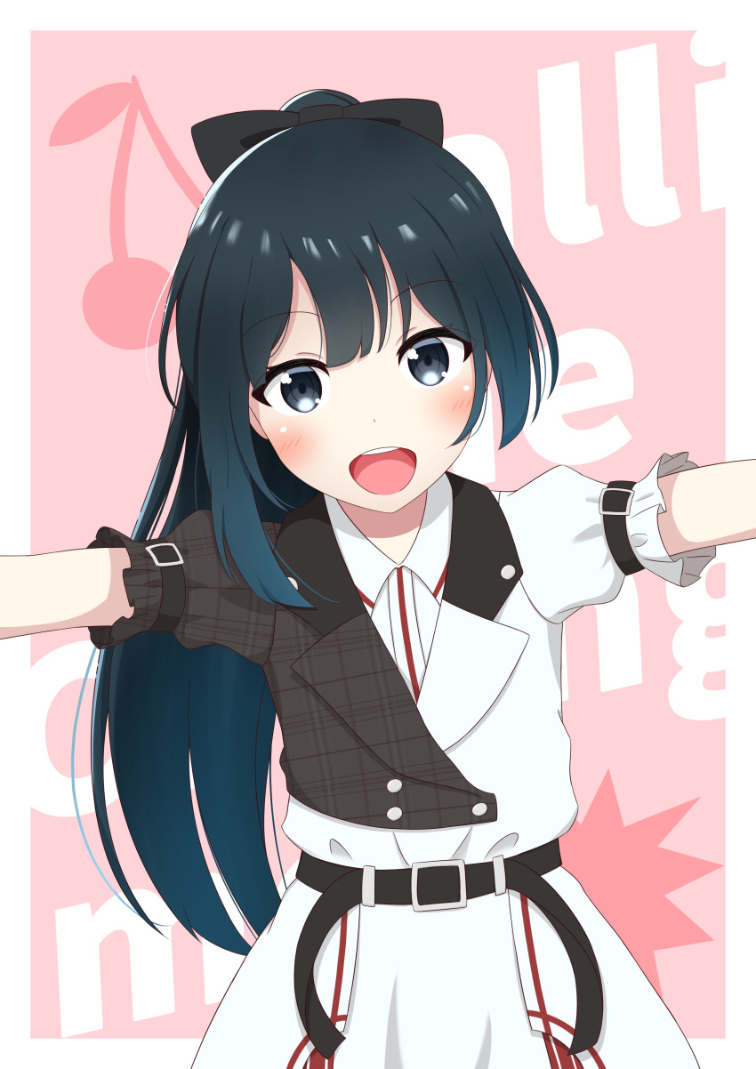1girl, absurdres, belt, black_bow, black_hair, border, bow, brown_belt