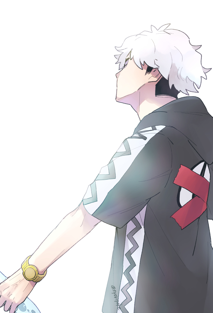 1boy, black_hair, closed_eyes, commentary_request, from_side, guzma_(pokemon), hood, hood_down, hooded_jacket, jacket, male_focus, multicolored_hair, nyoripoke, pokemon, pokemon_sm, short_hair, short_sleeves, solo, tape, twitter_username, two-tone_hair, watch, watch, white_background, white_hair
