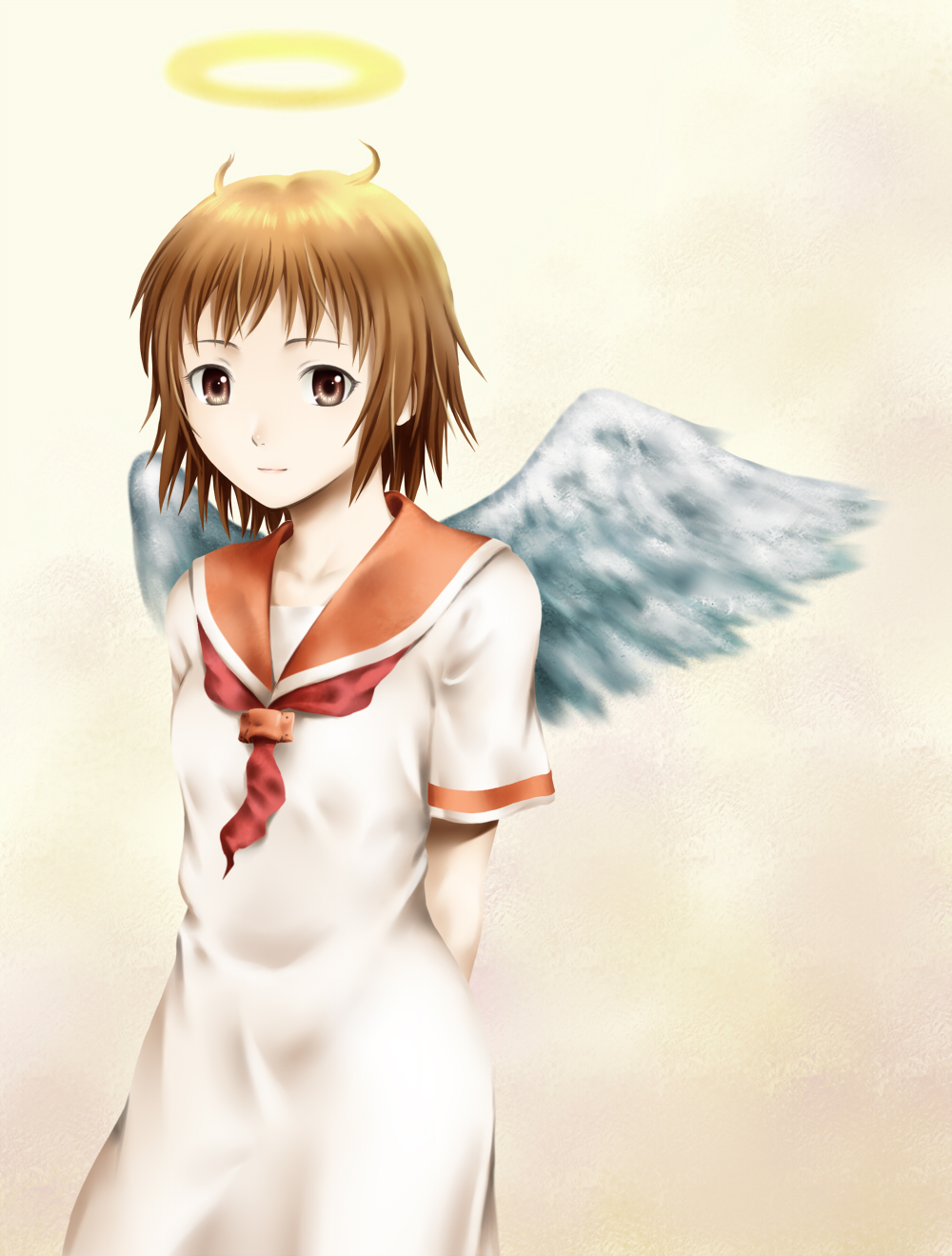 brown_eyes, brown_hair, haibane_renmei, halo, highres, old-one, rakka, sailor_collar, school_uniform, short_hair, static_cling, wings