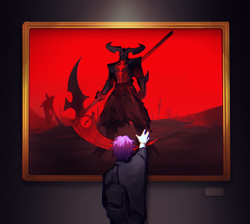 2boys, black_bag, black_shirt, bracelet, chromatic_aberration, demon, from_behind, heartsteel_kayn