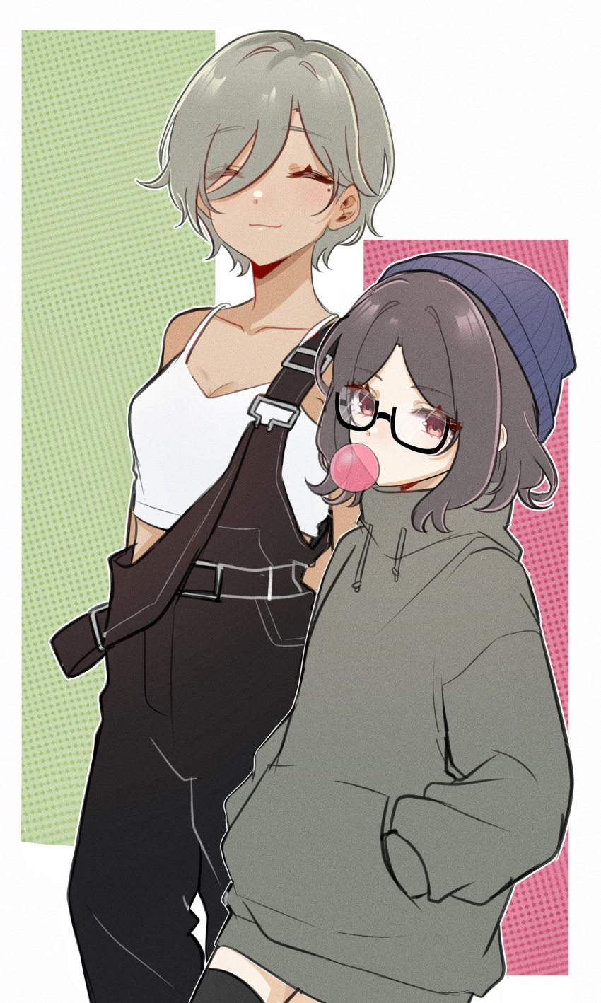 2girls, ^_^, absurdres, alternate_costume, black-framed_eyewear, black_overalls, black_thighhighs, blowing_bubbles, blue_beanie, breasts, chewing_gum, closed_eyes, crop_top, dark-skinned_female, dark_skin, ebizuka_tomo, girls_band_cry, glasses, halftone, halftone_background, hands_in_pockets, height_difference, high_collar, highres, looking_at_viewer, medium_breasts, mole, mole_under_eye, multiple_girls, overalls, oversized_clothes, pink_eyes, royyy999, rupa_(girls_band_cry), semi-rimless_eyewear, simple_background, small_breasts, spaghetti_strap, suspenders, suspenders_slip, sweater, thigh-highs