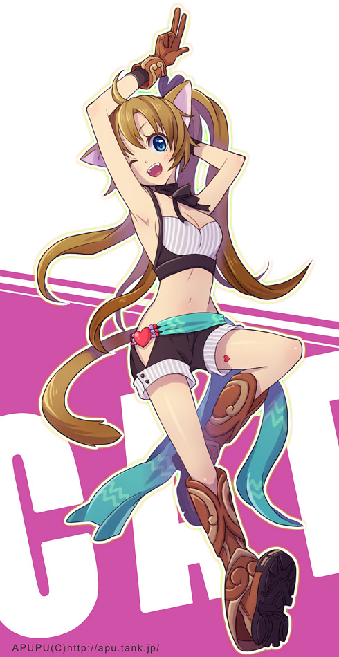 animal_ears, apupu, armpits, blue_eyes, boots, breasts, brown_hair, cleavage