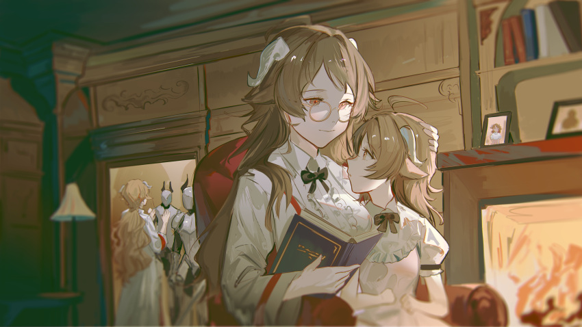 1boy, 2girls, 2others, absurdres, animal_ears, arknights, book, book_stack, bookshelf, chair, commission, commissioner_upload, eyjafjalla_(arknights), fireplace, glasses, hand_on_another's_head, highres, holding, holding_book, horns, katia_naumann, lamp, looking_at_another, looking_up, magna_naumann, multiple_girls, multiple_others, naoel_(naoel_art), non-web_source, sheep_boy, sheep_ears, sheep_girl, sheep_horns