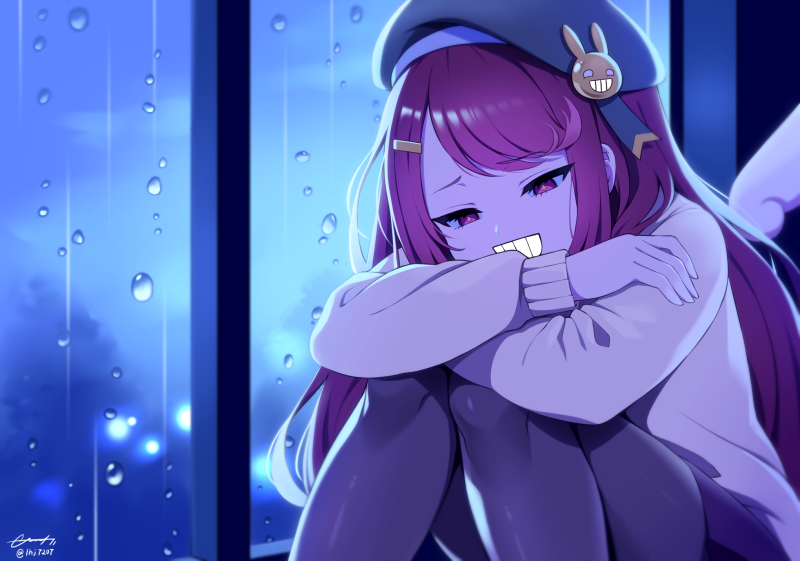 1girl, atsuko's_grin_(meme), beret, black_hat, bloody0rabby, brown_pantyhose, detached_wings, eshur_(trickcal)
