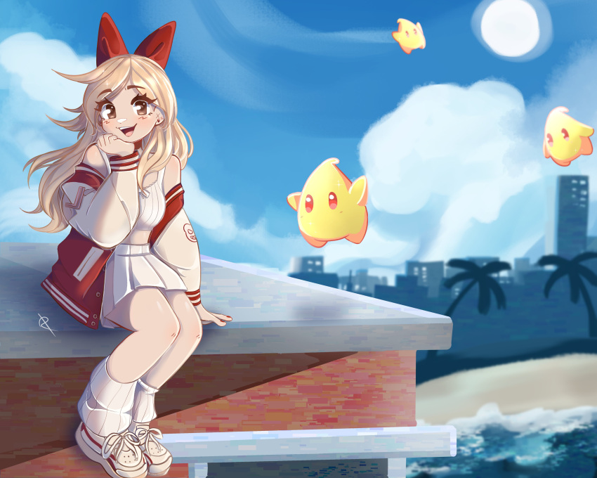 1girl, absurdres, beach, blonde_hair, blush, borrowed_character, brown_eyes, clouds
