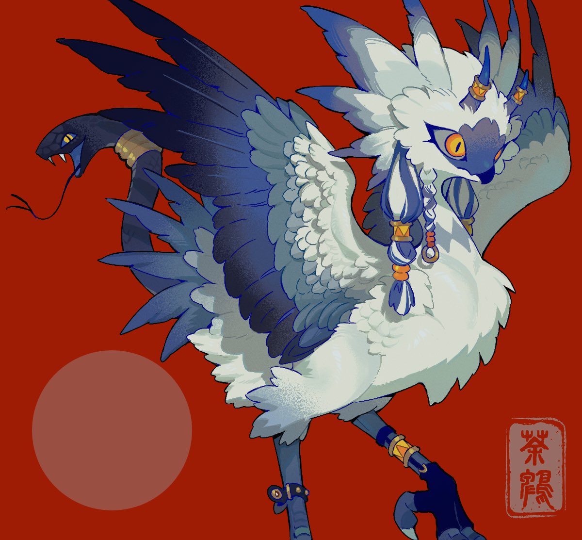 animal_focus, anklet, beak, bird_wings, blue_horns, braid, bul_(moiko), commission