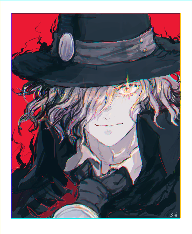 1boy, black_fire, border, chromatic_aberration, cloak, edmond_dantes_(fate), edmond_dantes_(first_ascension)_(fate), fate/grand_order, fate_(series), fedora, fire, glowing, glowing_eye, green_cloak, hair_over_one_eye, hat, looking_at_viewer, male_focus, necktie, red_background, shiroki1020556, short_hair, simple_background, smile, solo, wavy_hair, white_border, white_hair, yellow_eyes