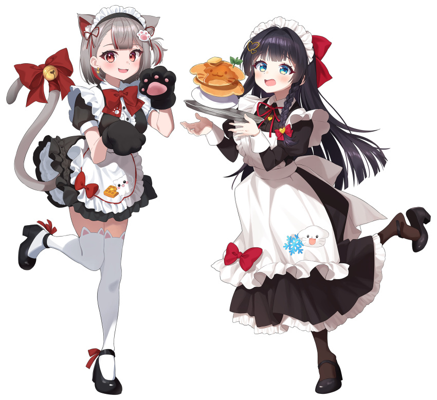 2girls, :d, animal_ear_fluff, animal_ear_legwear, animal_ears, animal_hands, apron, black_dress