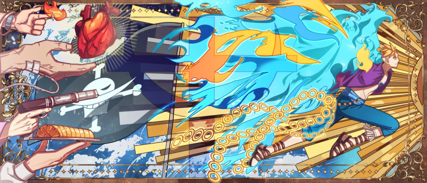 5boys, bandaid, bandaid_on_hand, bird_boy, blonde_hair, blue_fire, blue_pants, blue_sash
